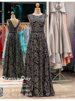 รหัส ชุดราตรี : PFL043 ชุดราตรียาว แขนกุด เสีน้าเงินกรมท่า ใส่ออกงานบายเนียร์ งานพรอม ไปงานแต่งงานกลางคืน งานเดินพรหมแดง