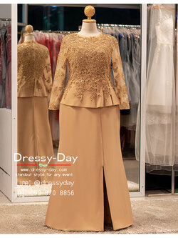 รหัส ชุดเจ้าภาพ : PFL196 ชุดแม่เจ้าสาวกลางวัน ชุดแม่เจ้าบ่าวงานเช้า อ้วน อวบ แบบไม่แก่ สวย เรียบหรู ทันสมัย