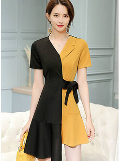 ชุดเดรสแฟชั่นสองสี แต่งปกข้างเดียวเดรสทรงเก๋ๆสั้นข้างยาวข้าง แบบสวยสไตล์เกาหลี รหัส 1855