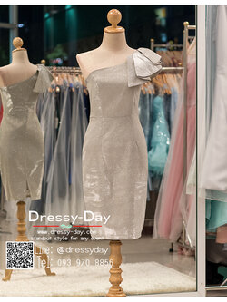 รหัส ชุดราตรีสั้น :PK015 ชุดแซก ชุดราตรี ไหล่เฉียง เรียบหรูเหมาะใส่ออกงานกลางคืน งานคอกเทล สีเงิน