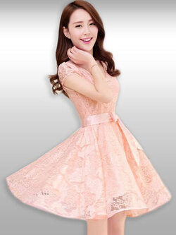 ชุดเดรสแขนสั้นคอวีสีโอลโรสแต่งลูกไม้สวยหรูรหัส1928