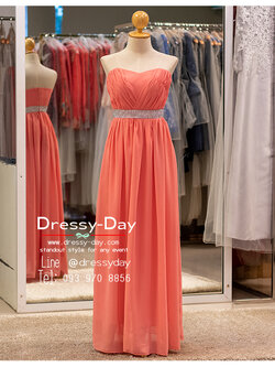 รหัส ชุดไปงานแต่ง : PFL233 ชุดราตรียาวเกาะอก ชุดไปงานแต่งกลางวัน กลางคืน จับเดรปที่อก ผ้าชีฟอง ประดับเพชรคาดเอว