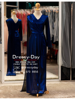 รหัส ชุดราตรียาว : PFL176 ชุดราตรียาวมีแขน คอวี ชุดไปงานแต่งงานกลางคืน ชุดราตรีคนอ้วน คนอวบ ใส่สวย