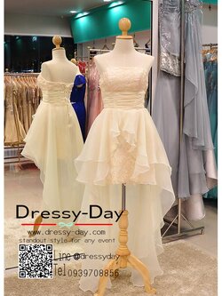 รหัส ชุดไปงานแต่ง : JE022 ชุดราตรี หน้าสั้นหลังยาว ครีม สวยหวาน เหมาะกับใส่ออกงานแต่งงาน งานกลางคืน งาน after party