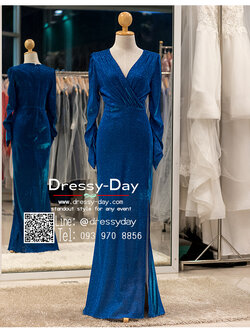 รหัส ชุดราตรียาว : PFL111 ชุดไปงานแต่งสีน้ำเงิน พร้อมส่ง แบบมีแขน ชุดไปงานแต่งงานกลางคืน ธีม gliter เรียบ หรู ดูแพง คนอ้วนใส่สวย