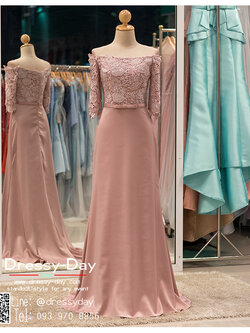 รหัส ชุดราตรียาว : PF121 ชุดแซก ชุดราตรีสีนู๊ดแชมเปญไหล่ปาด ผ้าลูกไม้สวยหรู ดูดีมีระดับ ตกแต่งโบว์น่ารักที่เอว สวยเก๋เหมาะใส่ออกงานกลางคืน งานแต่งงาน