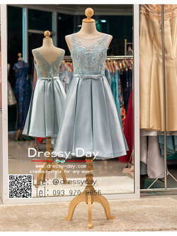 รหัส ชุดราตรีสั้น :PFS037 ชุดราตรีสั้นตกแต่งลูกไม้งานสวย เดรสออกงานซีทรู ชุดไปงานแต่งงาน ชุดแซก สีฟ้า แขนกุด ซีทรู ผ้าไหมสุดหรู เหมาะสำหรับงานแต่งงาน งานกลางคืน กาล่าดินเนอร์