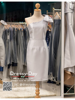 รหัส ชุดราตรีสั้น : PK025 ชุดแซก ชุดราตรี ไหล่เดียว มีโบว์ประดับไหล่เก๋ๆ เรียบหรูเหมาะใส่ออกงานกลางคืน งานคอกเทล ผ้าไหม สีเทา