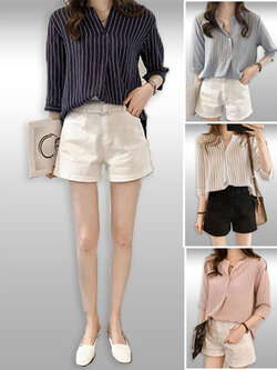 เสื้อเชิ๊ตแฟชั่นคอวีแต่งลายมี4สี รหัส2037