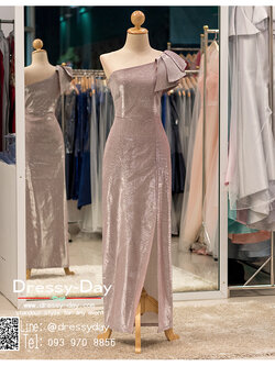 รหัส ชุดราตรียาวคนอ้วน :PK013 ชุดแซก ชุดราตรียาวมีแขน หรู สีชมพู ไหล่เดียว เรียบหรู เหมาะสำหรับงานแต่งงาน งานกลางคืน กาล่าดินเนอร์