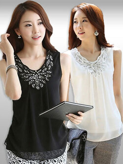 เสื้อแขนกุดแต่งเลื่อมประดับมุกสวยหรู มี 2สี รหัส2224