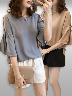 เสื้อแฟชั่นผ่าแขนทรงสวม ต่อสายไว้ผูกโบว์น่ารัก ใสเที่ยวเก๋ๆ รหัส 1957