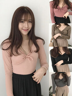 เสื้อแฟชั่นคอวี แต่งสายผูกโบว์ที่อก สวยน่ารักสไตล์เกาหลีมี 5 สี รหัส 1764