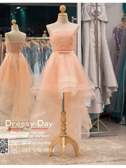 รหัส ชุดราตรี : PF008 ชุดราตรียาว เดรสออกงาน ชุดไปงานแต่งงาน ชุดแซก สีชมพู หน้าสั้นหลังยาวสวยๆ ประดับโบว์ที่เอว หมาะสำหรับงานแต่งงาน งานกลางคืน กาล่าดินเนอร์