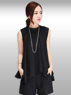 ชุดเซทเสื้อแฟชั่นคอกลมแขนกุดกางเกงขาสั้น สไตล์เรียบหรู รหัส 1656-สีดำ