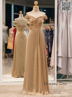 รหัส ชุดราตรี : PFL027 ชุดราตรียาวพร้อมส่ง สีทองอ่อน แบบมีแขนเปิดไหล่ โอบไหล่ จับเดรปอก ผ้าเครปซาตินอย่างดี ใส่ไปงานแต่งงานกลางคืน ชุดงานเลี้ยง ชุดพิธีกร น่ารักมาก