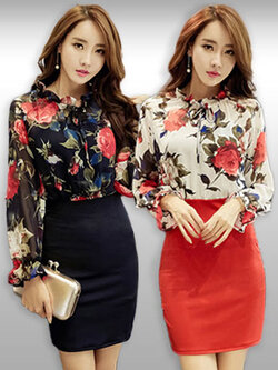 ชุดเดรสแฟชั่นแขนยาวลายดอกไม้ คอรูดทรงสวมสไตล์สาวออฟฟิศ มี 2 สี รหัส 1922