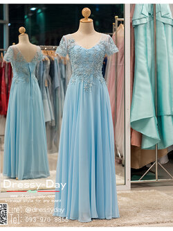 รหัส ชุดเจ้าภาพ : PFL038 ชุดราตรียาวแขนสั้น ชุดไปงานแต่งสีฟ้าผ้าชีฟอง เรียบหรู เหมาะสำหรับงานแต่งงาน งานกลางคืน กาล่าดินเนอร์