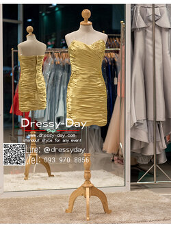 รหัส ชุดราตรีสั้น : PFS041 ชุดราตรีสั้นผ้าซาติน เดรสออกงานเกาะอกรูปหัวใจ ชุดไปงานแต่งงานสีทอง ชุดแซกงานจับจีบสวยมาก เหมาะสำหรับเป็นชุดไปงานแต่งงาน กาล่าดินเนอร์