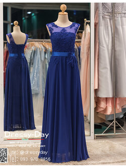รหัส ชุดราตรี : BB002 ชุดราตรียาวผ้าชีฟองหรู เดรสออกงานประดับลูกไม้และกริตเตอร์ ชุดไปงานแต่งซีทรูช่วงหน้าอก ชุดแซก ชุดเพื่อนเจ้าสาว สีน้ำเงิน