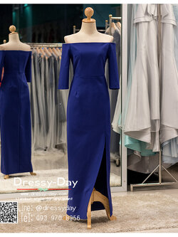 รหัส ชุดราตรียาวคนอ้วน : PK006 ชุดแซก ชุดราตรียาวมีแขน หรู สีน้ำเงิน ไหล่ปาด เรียบหรู เหมาะสำหรับงานแต่งงาน งานกลางคืน กาล่าดินเนอร์