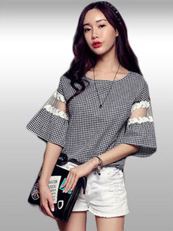 เสื้อลายสก๊อตต่อแขนผ้าตาข่ายลายลูกไม้ รหัส1606