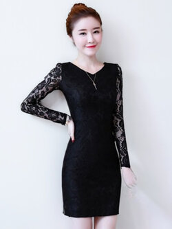 ชุดเดรสสั้นแฟชั่นแขนยาวแต่งลูกไม้แบบสวยหรู2004