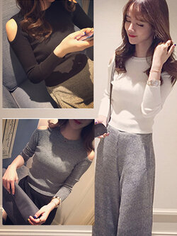 เสื้อยืดไหมพรม แต่งโชว์ไหล่ สวยน่ารักสไตลเกาหลี มี 3 สี ดำ/เทา/ขาว รหัส 1500