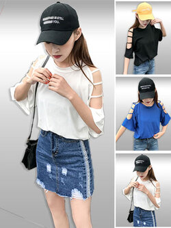 เสื้อยืดแฟชั่นแขนสั้นคอกลมโชว์ไหล่ รหัส 2016