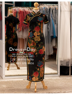 รหัส ชุดตรุษจีน : KPL199 ชุดกี่เพ้าทันสมัย ชุดกี่เพ้าประยุกต์ มีแขน ลายนกคู่ ดอกโบตั๋น เก๋ๆ สวย ปัง อินเทรนด์แฟชั่น