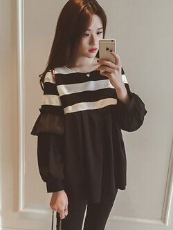 เสื้อยืดแฟชั่น คอกลม แขนยาวแต่งครึ่งบนลายริ้ว น่ารักสไตล์เกาหลี รหัส 1471