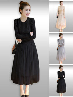 ชุดเดรสไหมพรมยาวต่อผ้าตาข่ายแบบน่ารัก รหัส1999