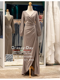 รหัส ชุดเจ้าภาพ : PFL141 ชุดแม่เจ้าสาว ชุดไปงานแต่งมีแขน ชุดราตรียาว แขนยาว จับเดรป สวย เรียบ หรูดูแพง