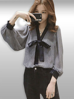 เสื้อแฟชั่นทำงานแต่งลายผูกโบว์สวย รหัส2056