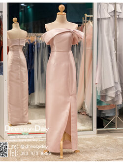 รหัส ชุดราตรียาวคนอ้วน : PK012 ชุดแซก ชุดราตรียาวมีแขน หรู สีชมพู ไหล่ปาด ผ้าไหม เรียบหรู เหมาะสำหรับงานแต่งงาน งานกลางคืน กาล่าดินเนอร์