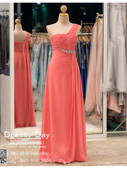 รหัส ชุดราตรียาว :bb020 ชุดราตรีไหล่เฉียง สีชมพู ชุดไปงานแต่งประดับกริตเตอร์ช่วงเอว ชุดแซกผ้าชีฟอง เหมาะใส่ออกงานแต่งงาน งานกลางวัน กลางคืน