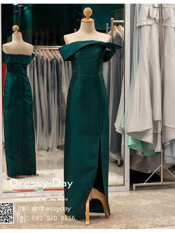 รหัส ชุดราตรียาวคนอ้วน : PK012 ชุดแซก ชุดราตรียาวมีแขน หรู สีเขียว ไหล่ปาด ผ้าไหม เรียบหรู เหมาะสำหรับงานแต่งงาน งานกลางคืน กาล่าดินเนอร์