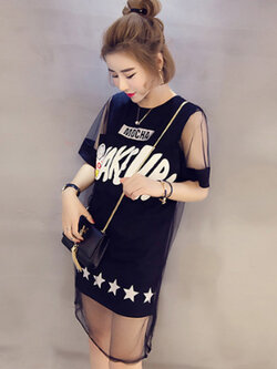 เสื้อยึดกึ่งเดรส แฟชั่น แต่งผ้าตาข่ายคลุมทั้งชุด-1402-สีดำ