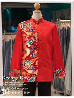 รหัส เสื้อจีนชาย : KPM007 เสื้อจีนชาย พร้อมส่ง ชุดจีนชาย โบราณ สีแดง งานทอไหมแดงทองน้ำเงิน ใส่ในพิธียกน้ำชา ถ่ายพรีเวดดิ้ง และสำหรับญาติเจ้าภาพ เท่ห์มาก