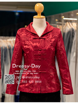 รหัส ชุดกี่เพ้า :KPS096 เสื้อกี่เพ้าหญิง เสื้อจีน แขนยาว สีแดง ลายดอกเหมย สวย หรูหรา ไฮโซใส่