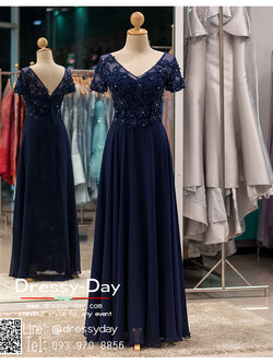 รหัส ชุดเจ้าภาพ : PFL038 ชุดราตรียาวแขนสั้น ชุดไปงานแต่งสีน้าเงินผ้าชีฟอง เรียบหรู เหมาะสำหรับงานแต่งงาน งานกลางคืน กาล่าดินเนอร์