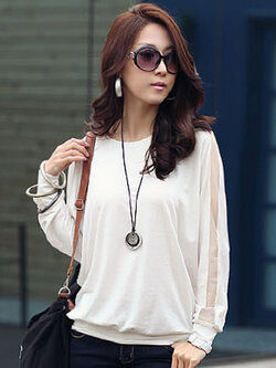 เสื้อยืดทรงค้างคาวแต่งผ้าตาข่าย สวยน่ารักสไตล์เกาหลี-1506-สีขาว