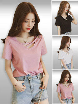 เสื้อยืดแฟชั่นคอวีแขนสั้นสวยน่ารักมี 3 สี รหัส 2083