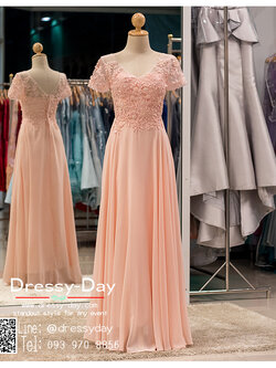 รหัส ชุดเจ้าภาพ : PFL038 ชุดราตรียาวแขนสั้นตกแต่งด้วยลูกไม้งานสวย ชุชุดไปงานแต่งสีชมพูโอรสผ้าชีฟอง เรียบหรู