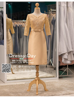 รหัส ชุดราตรี :PFS064 ชุดแซกผ้าลูกไม้งานสวยตกแต่งลูกไม้กริตเตอร์ ชุดราตรีสั้นหรูสีทอง สวย สง่า ดูดีแบบเจ้าหญิง ใส่เป็นชุดไปงานแต่งงาน งานกาล่าดินเนอร์ งานเลี้ยง งานพรอม งานรับกระบี่ ปิดหลัง