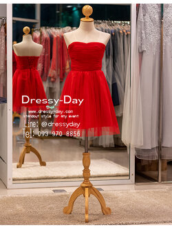 รหัส ชุดไปงานแต่งงาน : JA001 ชุดราตรีสั้น เกาะอก สีแดง