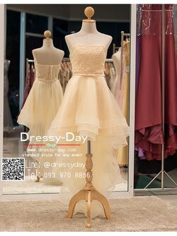 รหัส ชุดราตรียาว : PF008 ชุดราตรีหน้าสั้นหลังยาว เดรสออกงานตกแต่งลูกไม้ช่วงบน ชุดไปงานแต่งงานประดับโบว์ที่เอว ชุดแซก สีครีม เหมาะสำหรับงานแต่งงาน งานกลางคืน กาล่าดินเนอร์