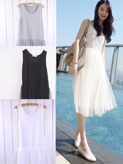 ชุดเดรสแฟชั่น แขนกุด คอกลมต่อกระโปรงยาวผ้าตาข่ายสวยหวาน 4 สี