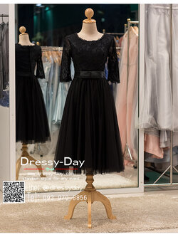 รหัส ชุดราตรีสั้น : bb018 ชุดแซก ชุดราตรี สีดำ แขนยาวเรียบหรูเหมาะใส่ออกงานกลางคืน งานคอกเทล กระโปรงบาน