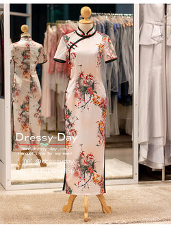 รหัส ชุดตรุษจีน : KPL204 ชุดกี่เพ้าทันสมัย ชุดกี่เพ้าประยุกต์ มีแขน ลายพัดจีน และใบไผ่จีนก๋ๆ สวย ปัง อินเทรนด์แฟชั่น